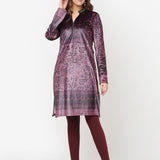 Maroon Printed Velvet Straight Kurta with Neck Embellishment