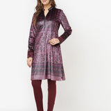 Maroon Printed Velvet Straight Kurta with Neck Embellishment