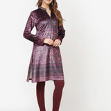 Maroon Printed Velvet Straight Kurta with Neck Embellishment