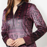 Maroon Printed Velvet Straight Kurta with Neck Embellishment