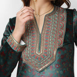 Green Printed Velvet Kurta Set with Brass Work and Zari Work