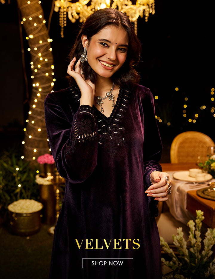 Image Showing Woman, Wearing A Dark Brown Velvet Kurta Set From Lakshita