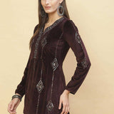 Antique Mauve Embroidered Velvet Tunic With Sequins for Women