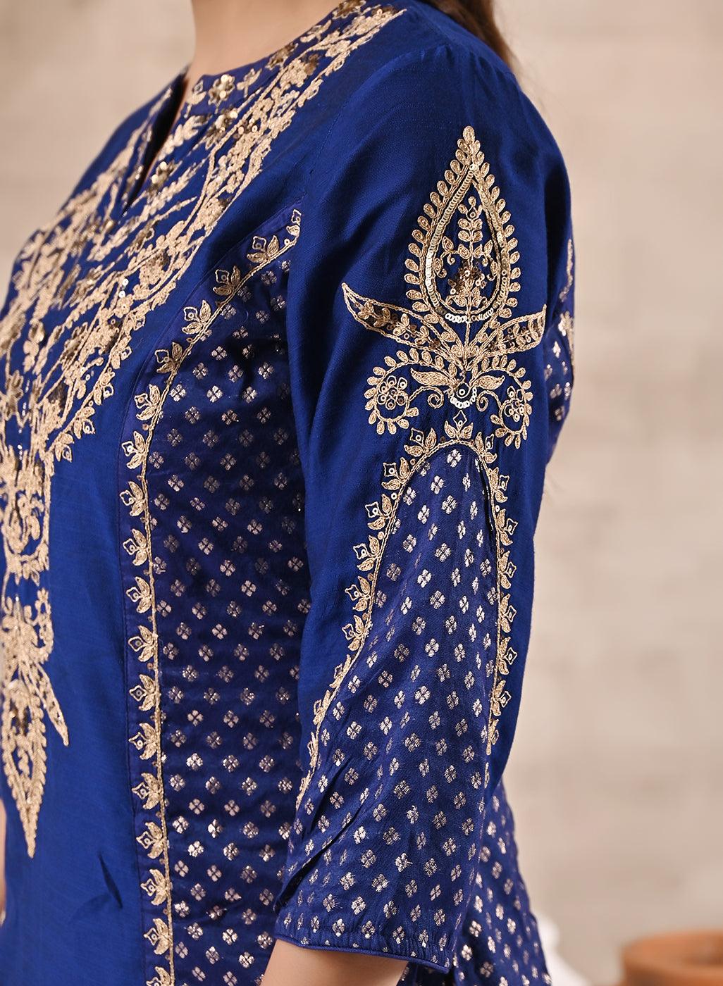 Blue Printed Kurta With Embroidery - Lakshita