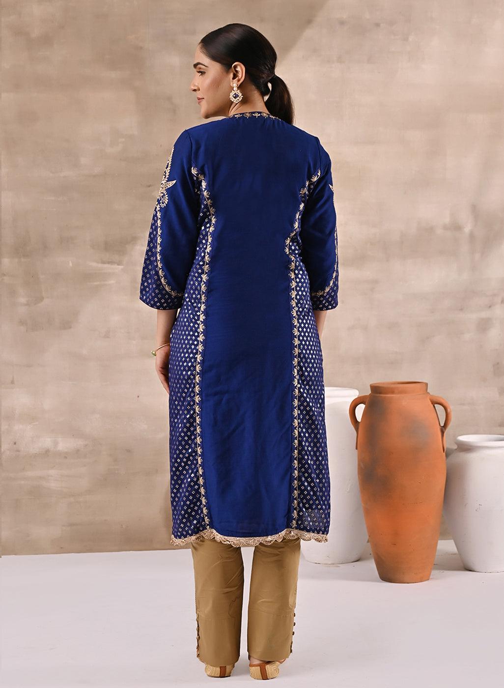 Blue Printed Kurta With Embroidery - Lakshita