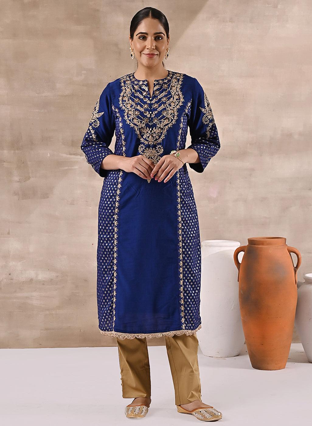 Blue Printed Kurta With Embroidery - Lakshita