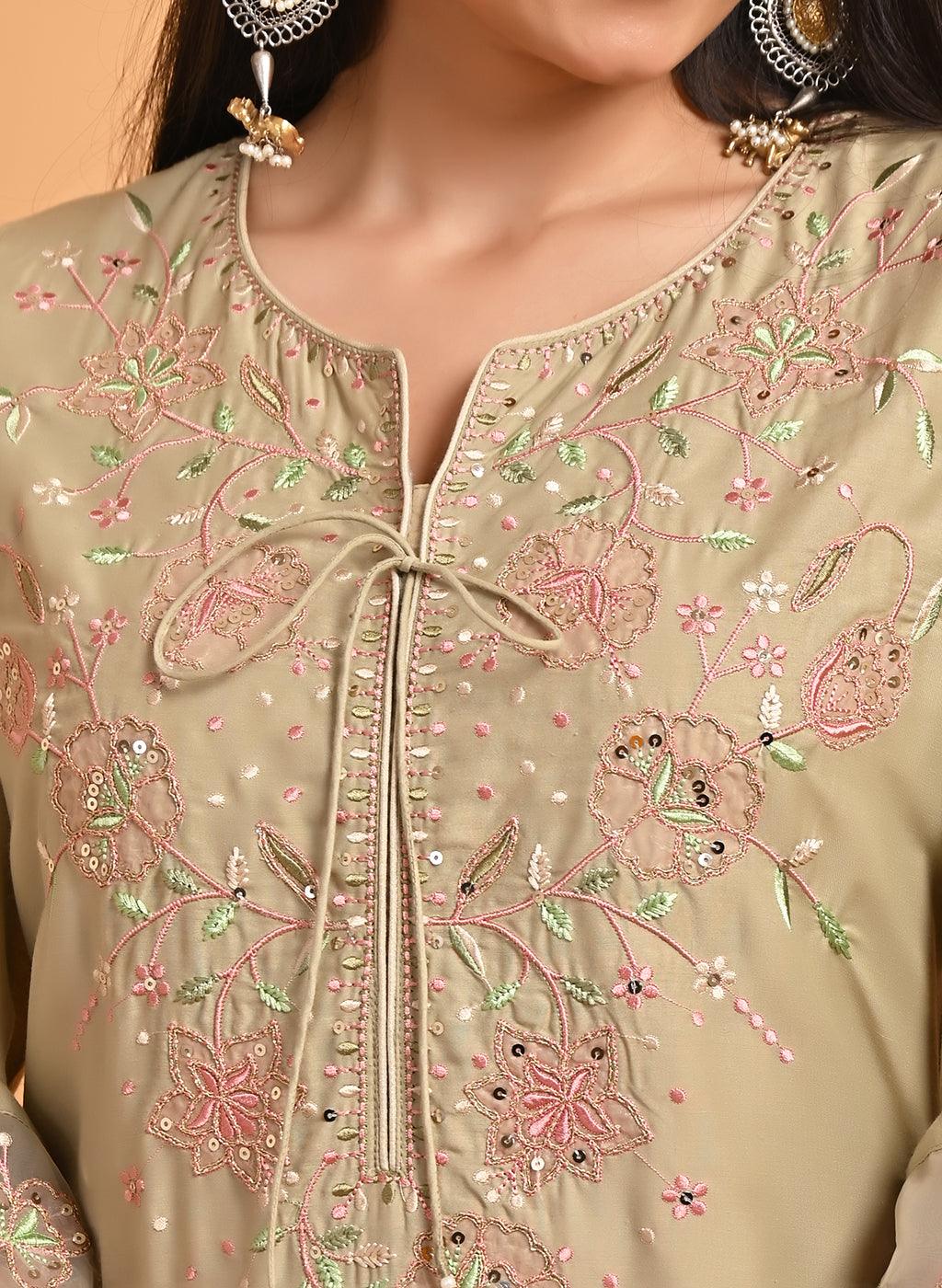 Green Silk Kurta Set with Elegant Embroidery - Lakshita