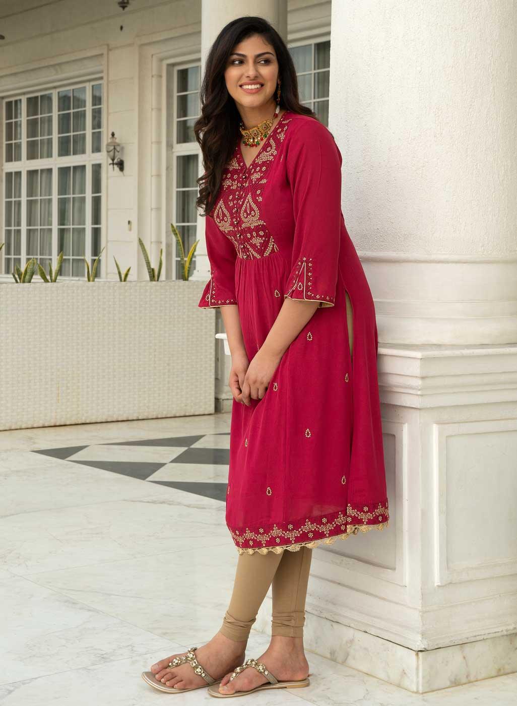 Fuchsia Rose Jashn Embroidered Kurta - Lakshita