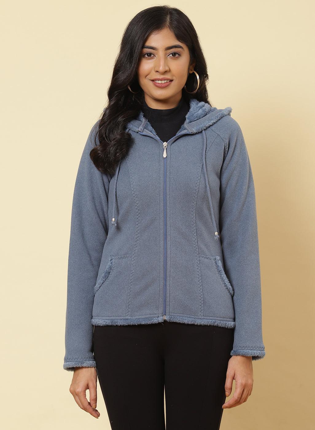 Ice Blue Fleece Zipper Jacket - Lakshita