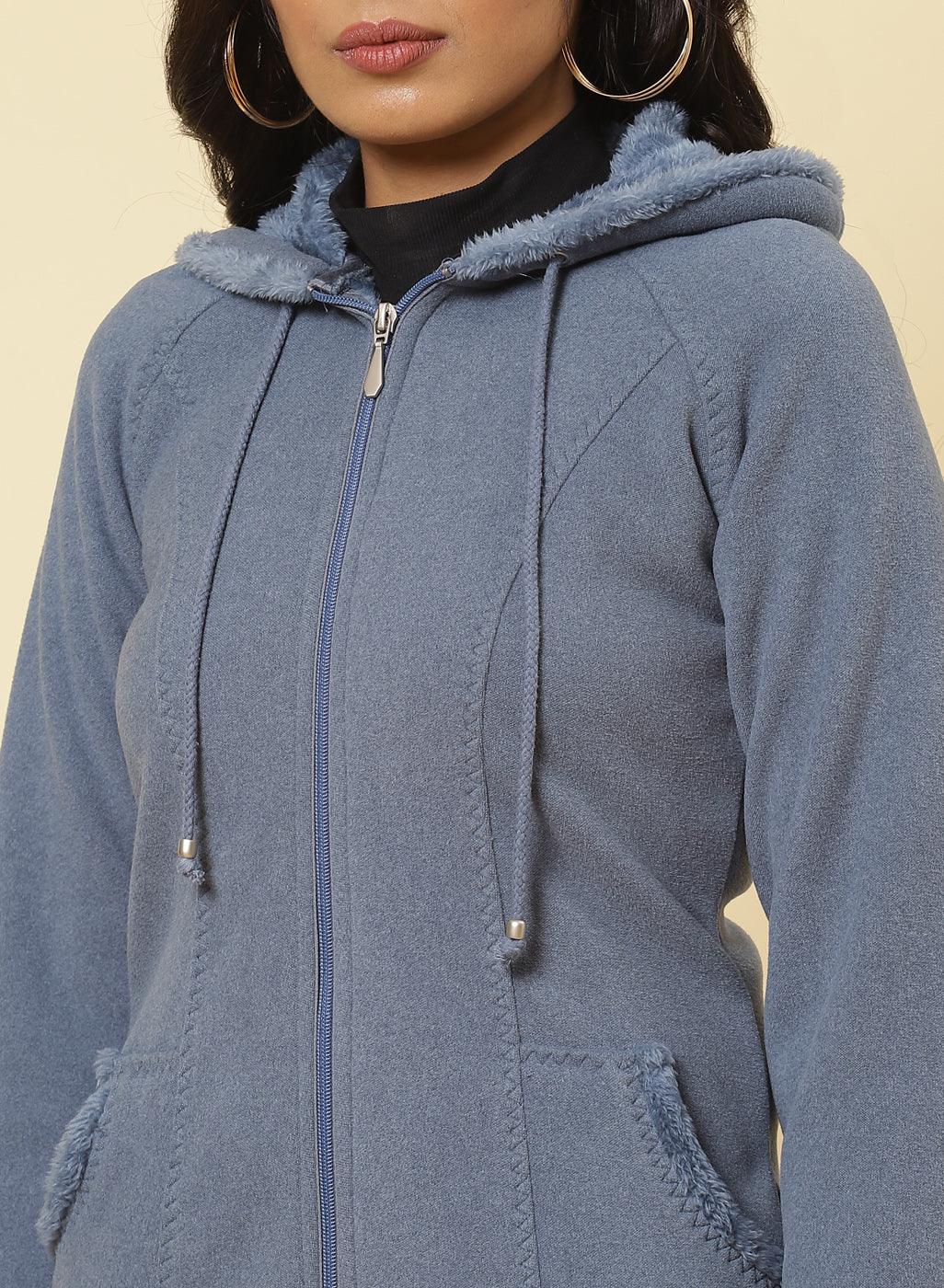 Ice Blue Fleece Zipper Jacket - Lakshita