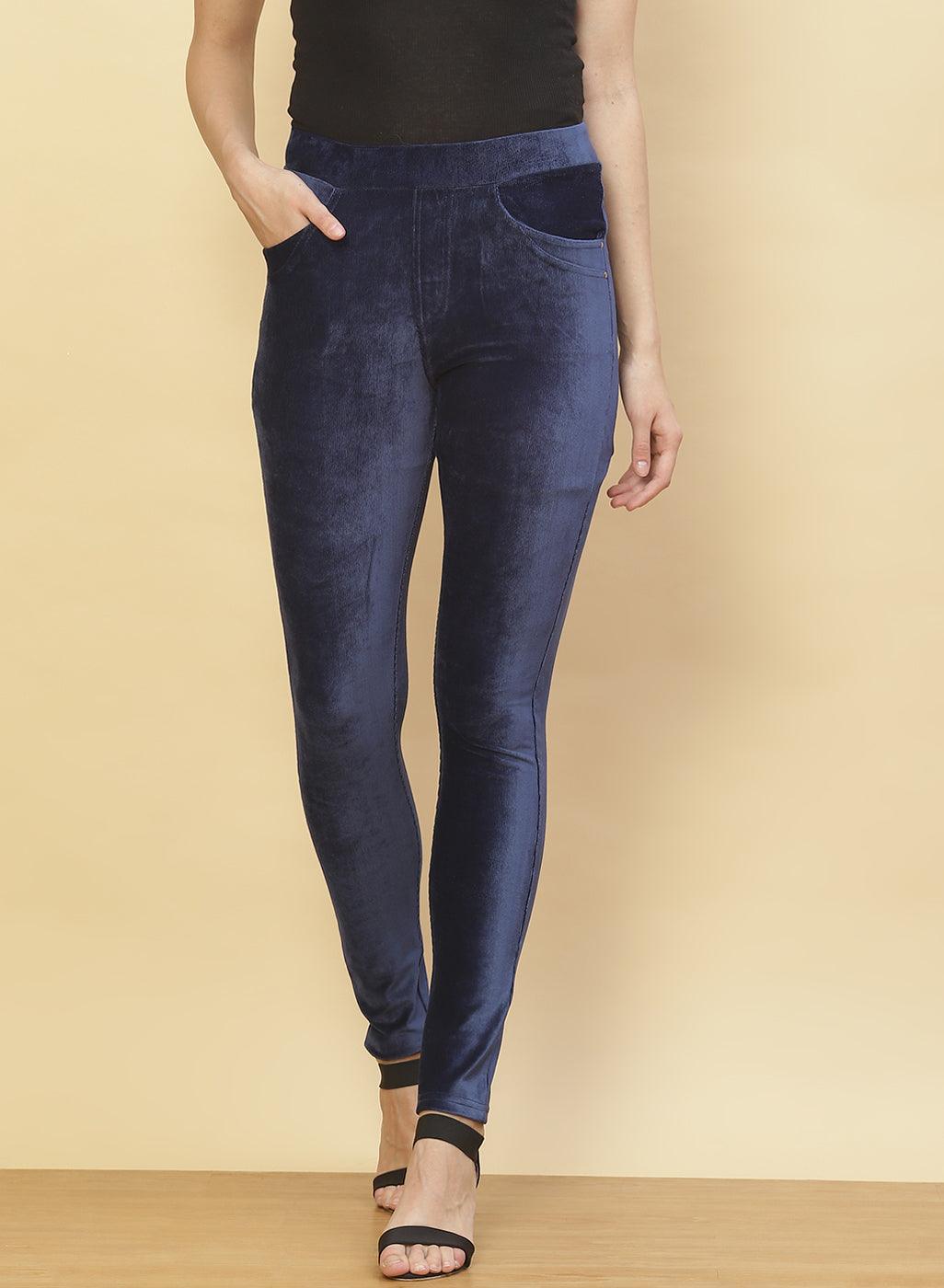 Imperial Blue Velvet Jeggings - Lakshita