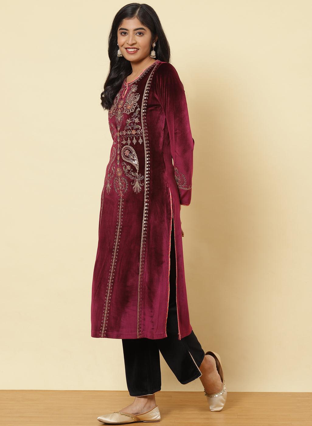 Plum Embroidered Velvet Kurta With Sequins - Lakshita