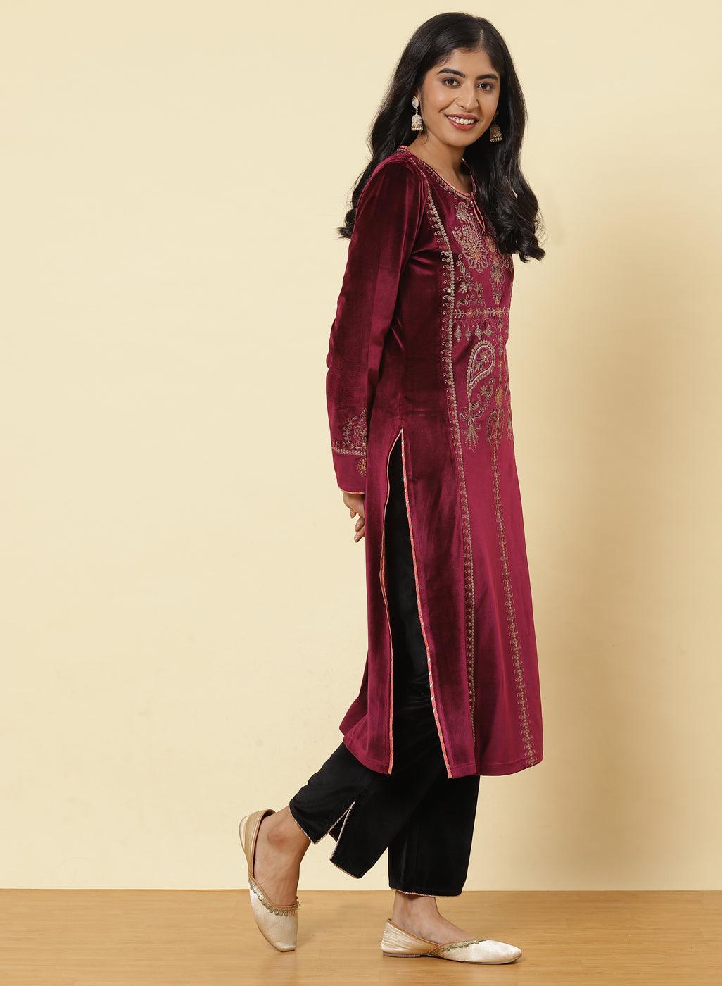 Plum Embroidered Velvet Kurta With Sequins - Lakshita