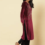 Plum Embroidered Velvet Kurta With Sequins - Lakshita