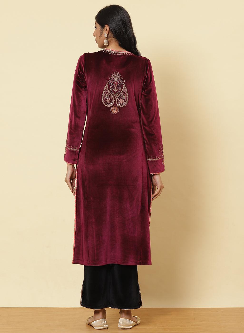 Plum Embroidered Velvet Kurta With Sequins - Lakshita