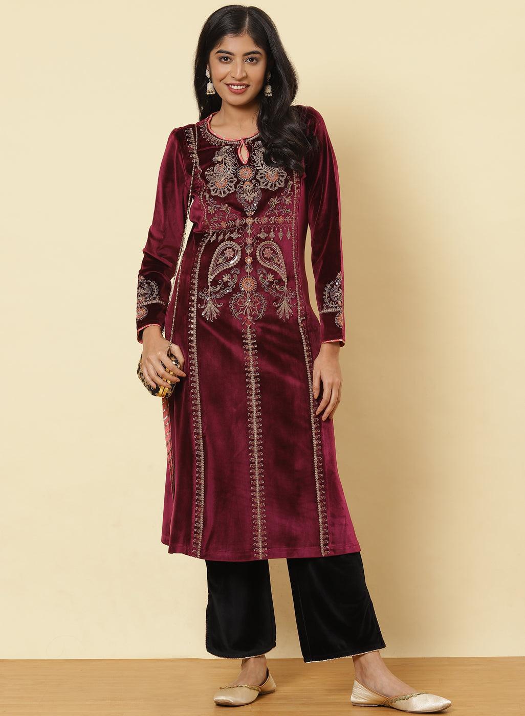 Plum Embroidered Velvet Kurta With Sequins