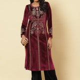 Plum Embroidered Velvet Kurta With Sequins - Lakshita