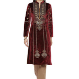 Maroon Embroidered Velvet Kurta With Sequins