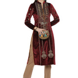 Maroon Embroidered Velvet Kurta With Sequins