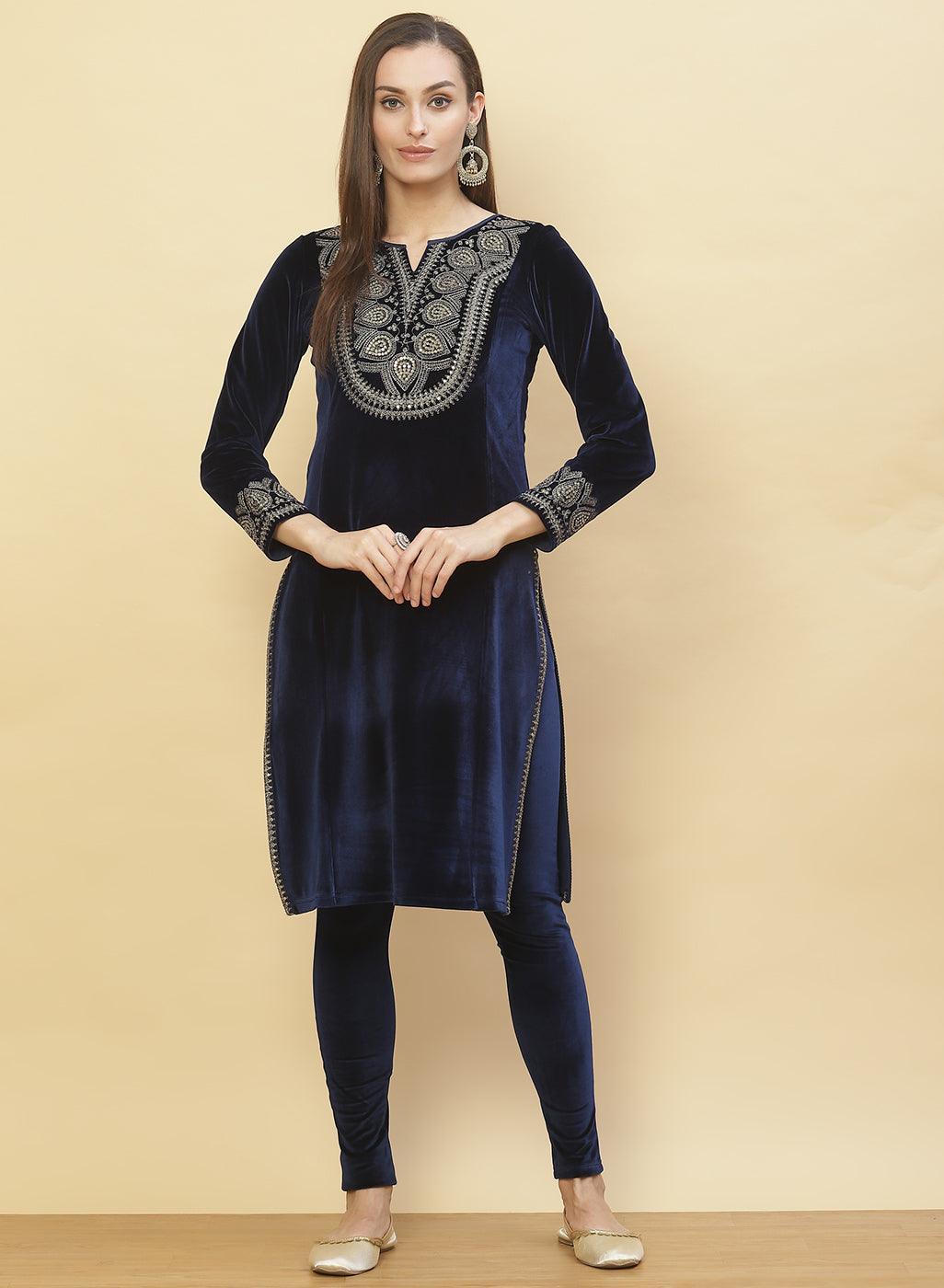 Imperial Blue Embroidered Velvet Kurti - Lakshita