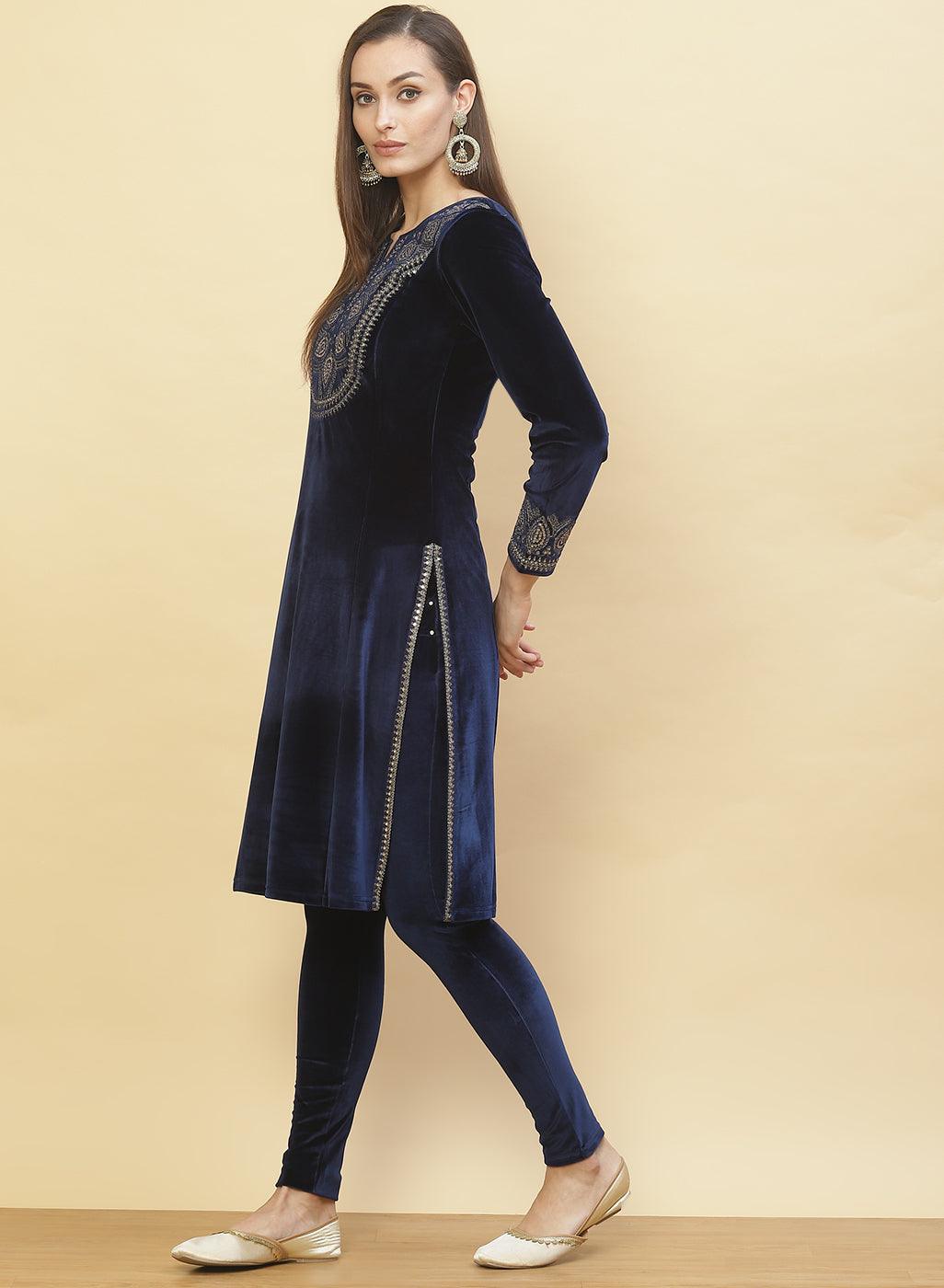 Imperial Blue Embroidered Velvet Kurti - Lakshita