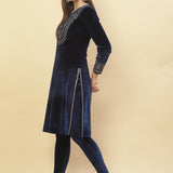 Imperial Blue Embroidered Velvet Kurti - Lakshita