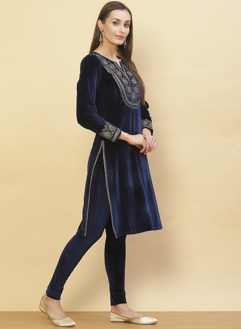 Imperial Blue Embroidered Velvet Kurti - Lakshita