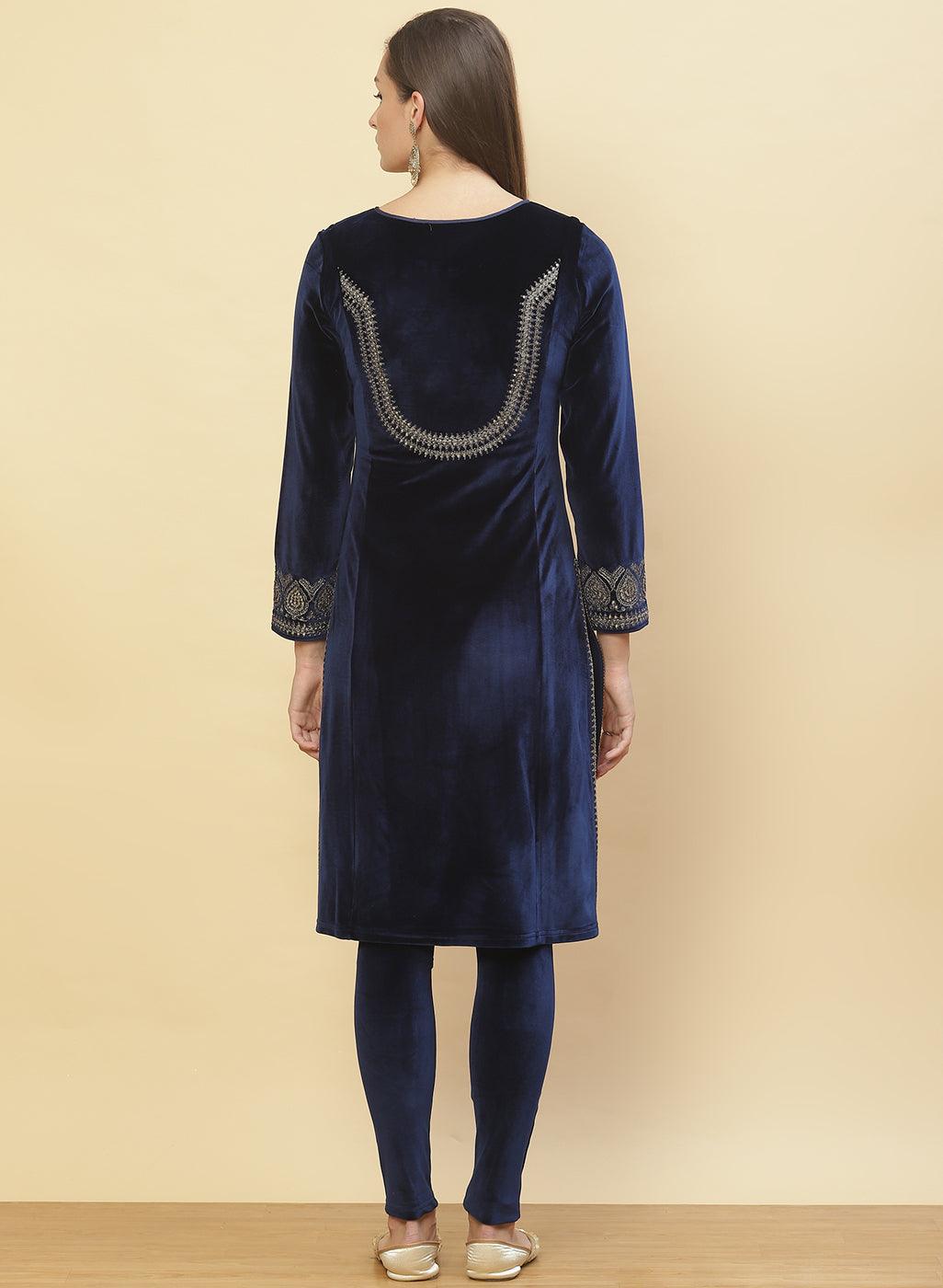 Imperial Blue Embroidered Velvet Kurti - Lakshita