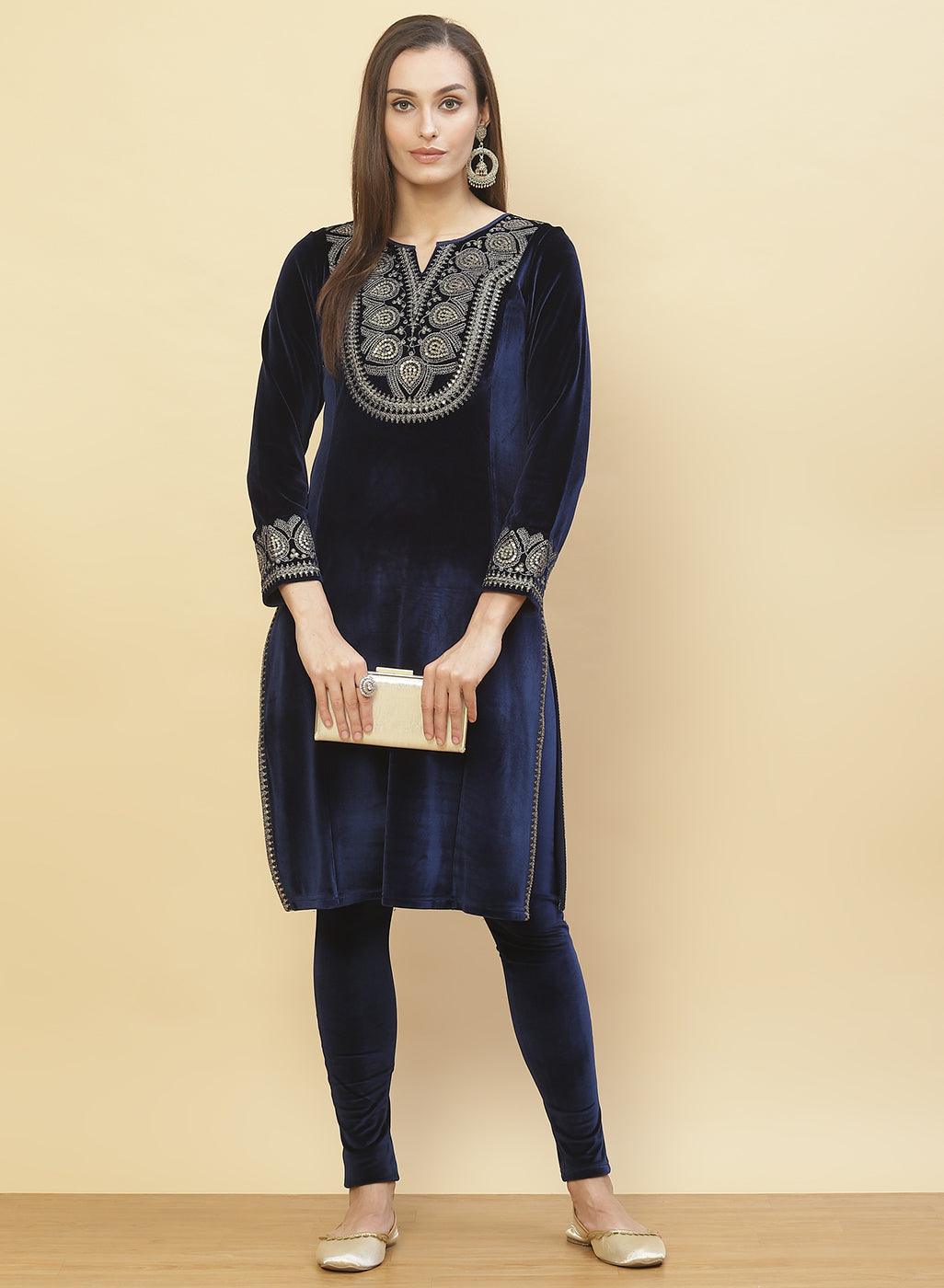 Imperial Blue Embroidered Velvet Kurti - Lakshita