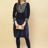 Imperial Blue Embroidered Velvet Kurti - Lakshita