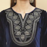 Imperial Blue Embroidered Velvet Kurti - Lakshita