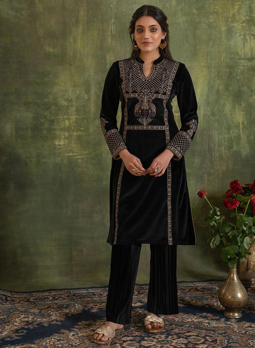 Charcoal Black Embroidered Velvet Kurti - Lakshita