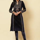 Midnight Blue Embroidered Velvet Kurti - Lakshita