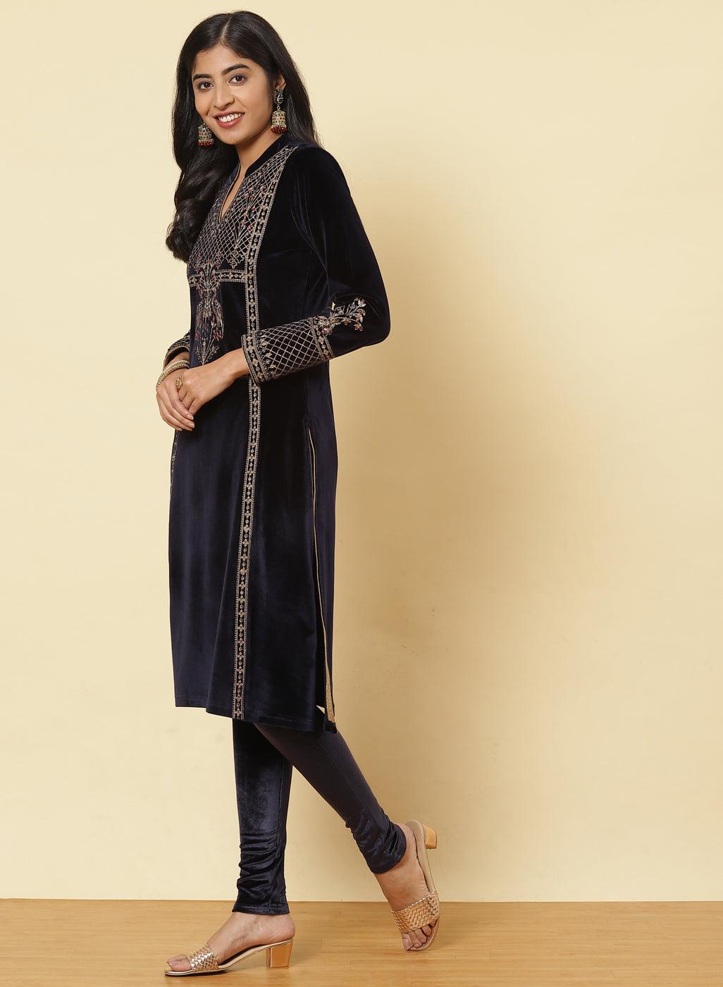 Midnight Blue Embroidered Velvet Kurti - Lakshita