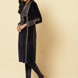 Midnight Blue Embroidered Velvet Kurti - Lakshita