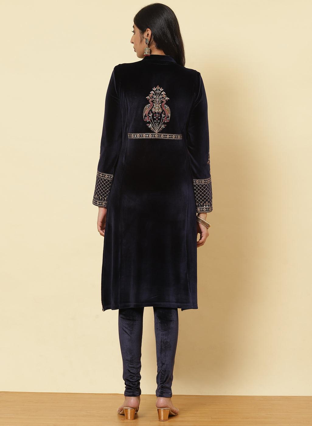 Midnight Blue Embroidered Velvet Kurti - Lakshita