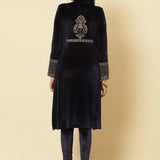 Midnight Blue Embroidered Velvet Kurti - Lakshita