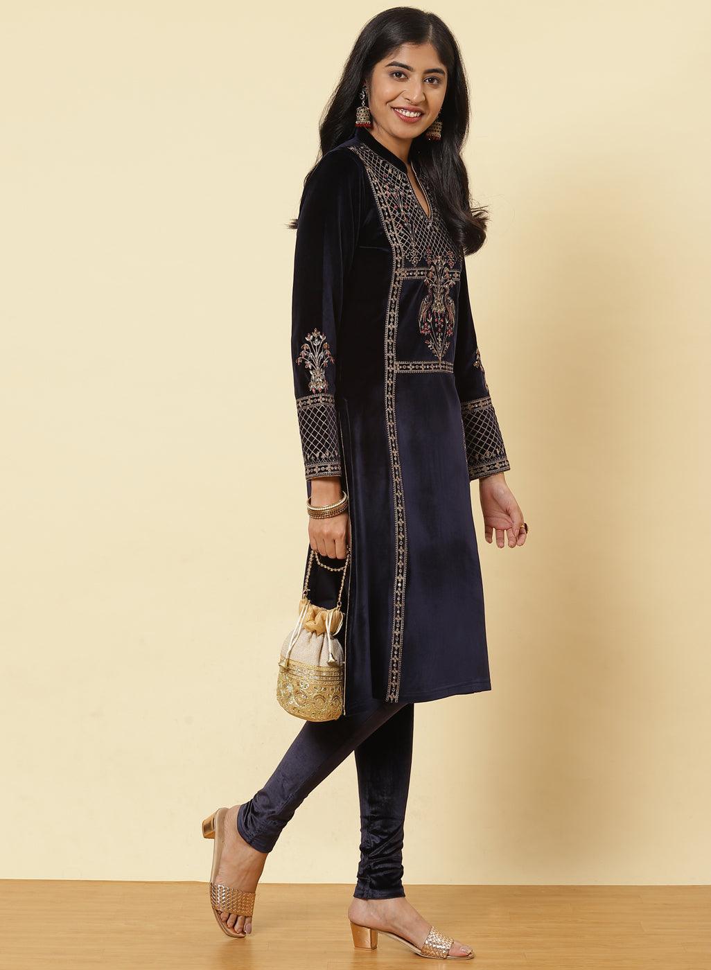 Midnight Blue Embroidered Velvet Kurti - Lakshita