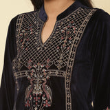 Midnight Blue Embroidered Velvet Kurti - Lakshita