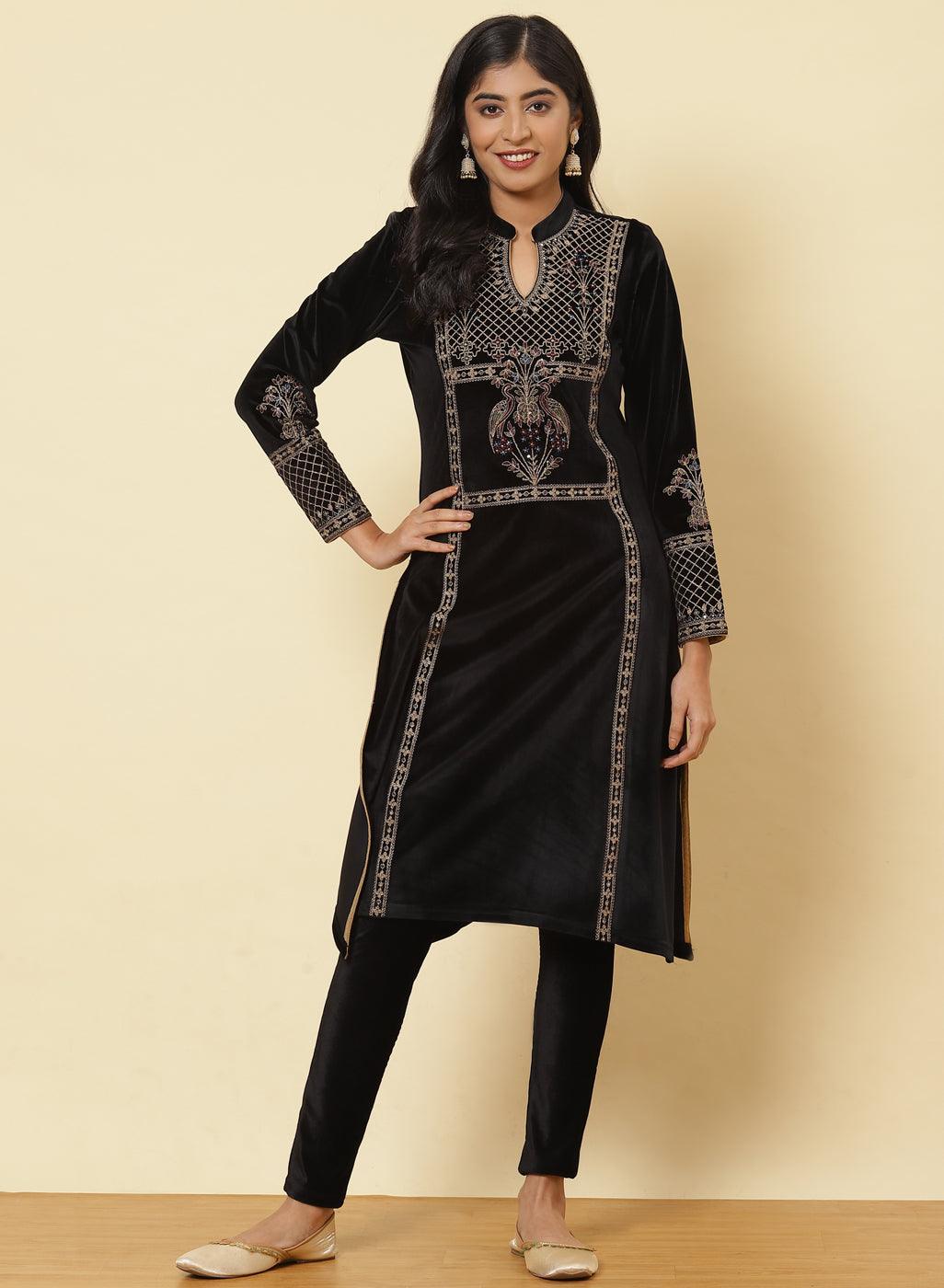 Charcoal Black Embroidered Velvet Kurti - Lakshita