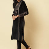 Charcoal Black Embroidered Velvet Kurti - Lakshita