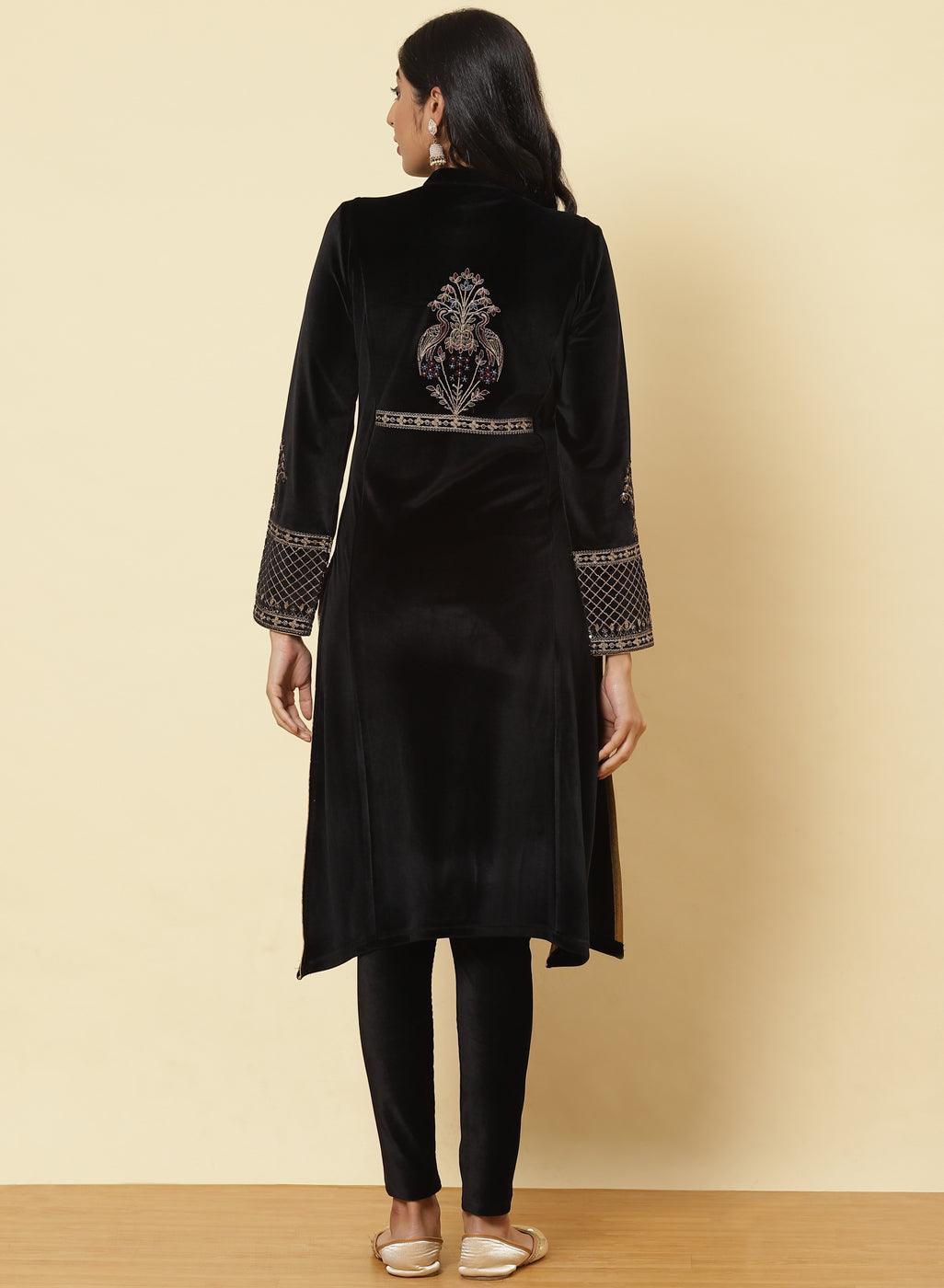 Charcoal Black Embroidered Velvet Kurti - Lakshita