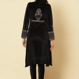 Charcoal Black Embroidered Velvet Kurti - Lakshita