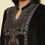 Charcoal Black Embroidered Velvet Kurti - Lakshita