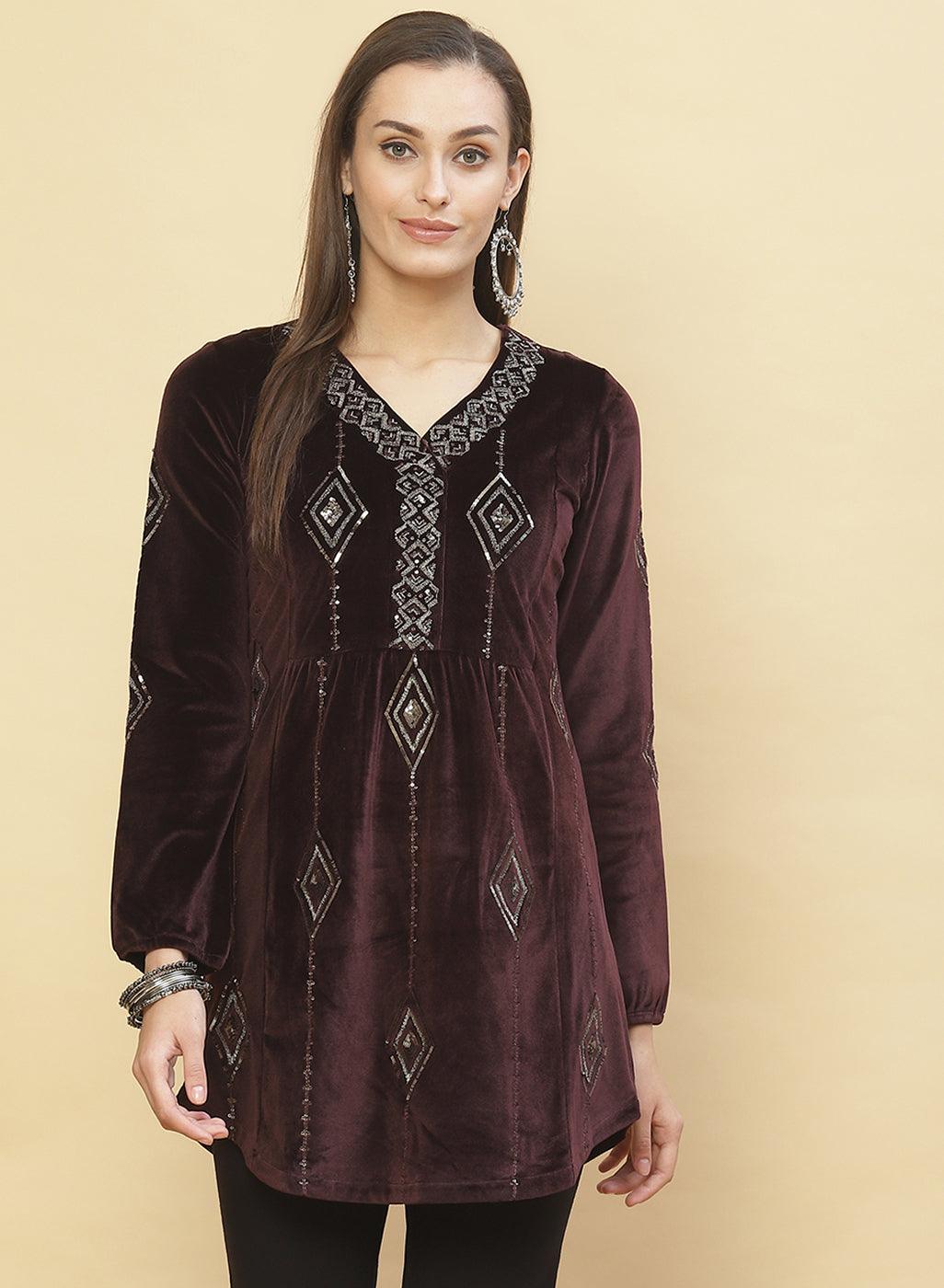 Antique Mauve Embroidered Velvet Tunic With Sequins for Women