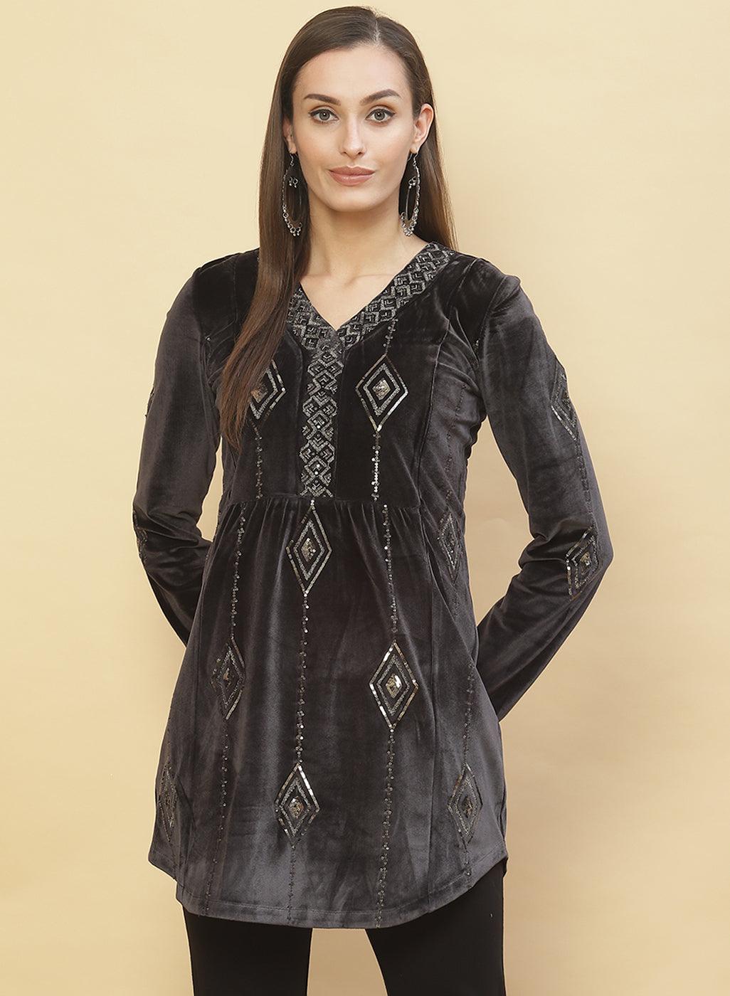 Slate Grey Embroidered Velvet Tunic With Sequins – Lakshita