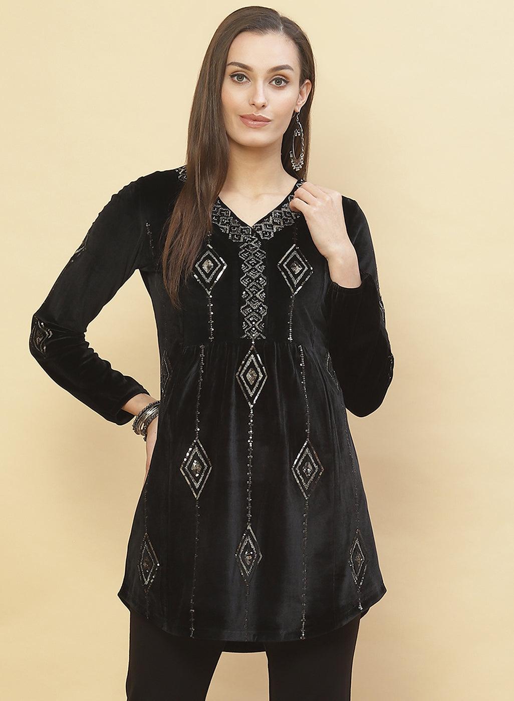 Charcoal Black Embroidered Velvet Tunic With Sequins - Lakshita