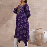 Side View of Purple Floral Print Dhaage Collection Kurta With Embroidery