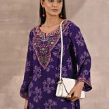 Purple Floral Print Dhaage Collection Kurta With Embroidery With White Handbag