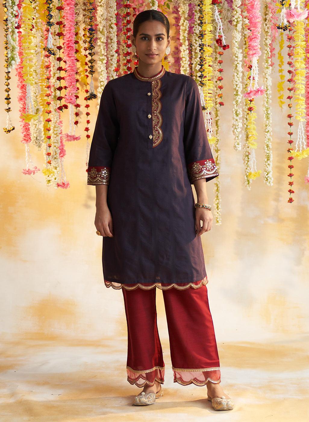 Purple Solid Kurta Set With Embroidery - Lakshita